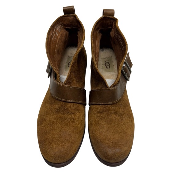 UGG Wright Boots Women’s 6.5 Belted Brown Suede Ankle Chukka Booties Leather - Picture 3 of 14